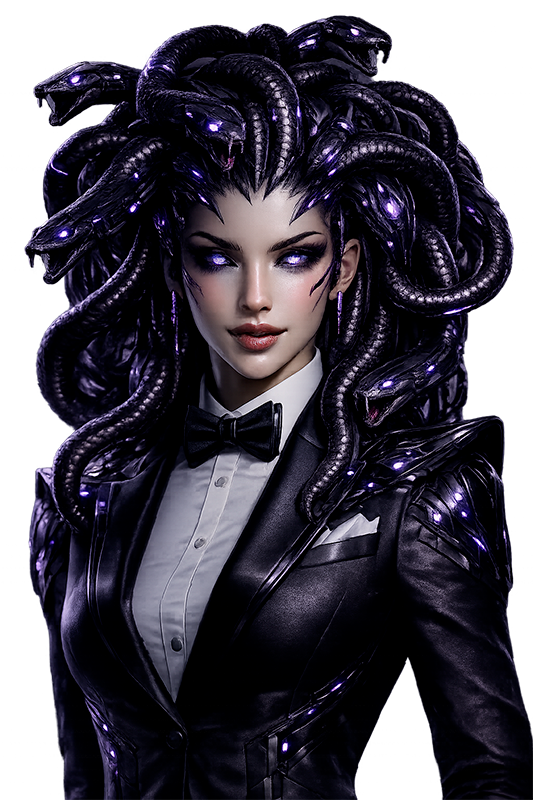 Illustration de Méduse moderne en costume noir, métaphore des dangers d'image pour les studios de jeux vidéo